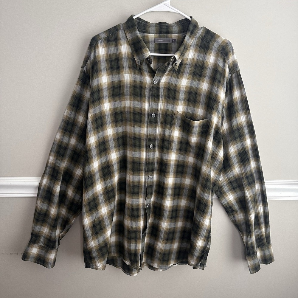 Vince Mens XXL Brown Plaid Flannel Button Down Shirt Casual Fall Hipster Cabin